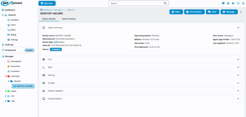 Web Portal showing a selected device in the display area. The Device details tab is selected, showing a system summary with information such as device name, manufacturer (Microsoft), device type (Desktop), asset ID, status (Available), operating system (Windows 10 Pro x64), IP address, username (netsupport), agent app version and last updated timestamp. Expandable sections for CPU, BIOS, Memory, Storage, Network adapters and Display adapters are listed. Buttons at the top include View, File transfer, Chat, and Message.